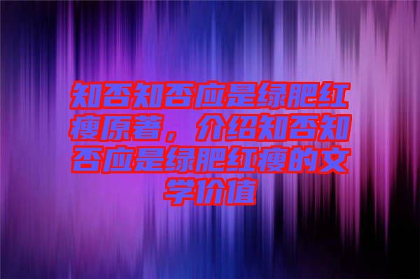 知否知否應是綠肥紅瘦原著，介紹知否知否應是綠肥紅瘦的文學價值